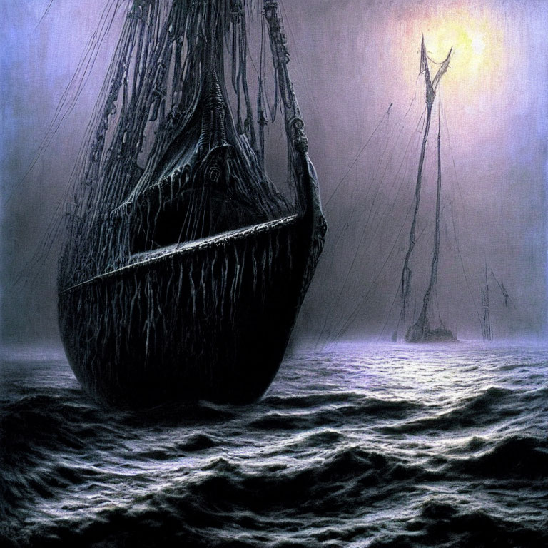 Ghostly ship with tattered sails in misty sea under eerie light