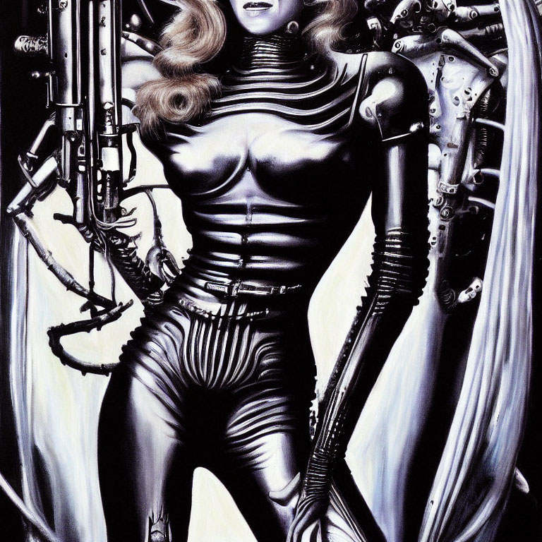 Female cyborg with mechanical arms in futuristic bodysuit on dark background