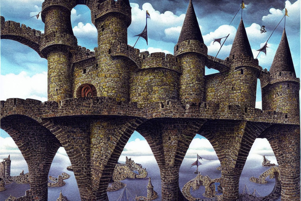 Fantastical castle with arches and turrets in surreal, Escher-like design