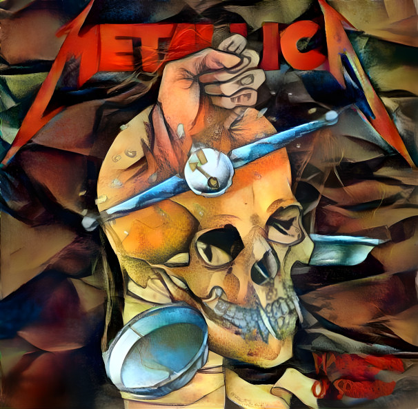 Stylized Skull with Vibrant Colors and Metallic Object