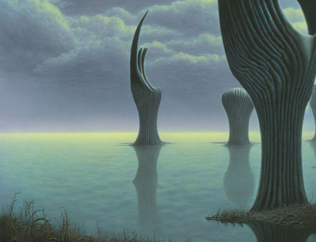 Surreal landscape featuring tree-like structures with hand-shaped tops over reflective water and twilight sky.