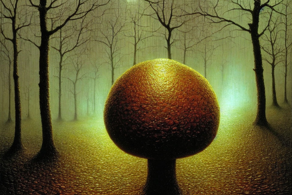 Surreal forest scene with textured orb under greenish light