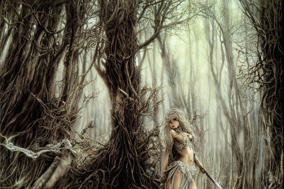 Female warrior with sword in mystical foggy forest