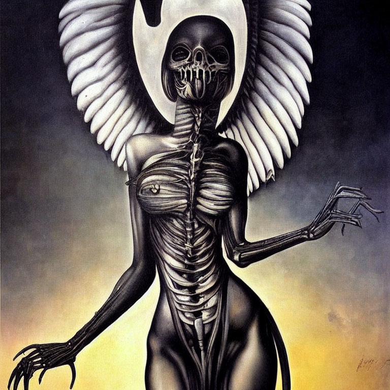 Surreal dark painting: humanoid figure with skeletal features and wings