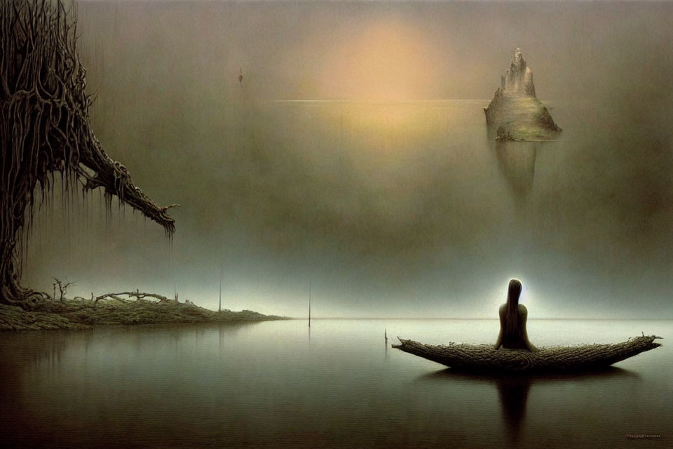 Artwork of solitary figure on boat near mystical floating island