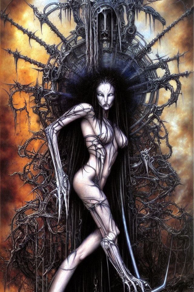 Gothic painting of pale humanoid figure in dark machinery on amber backdrop