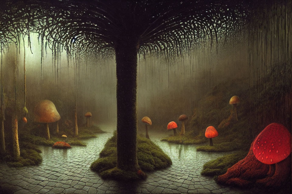 Surreal Landscape with Dark Trees and Red Mushrooms