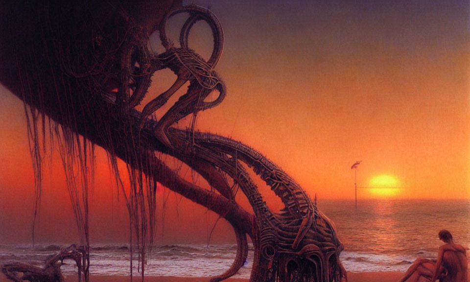 Surreal biomechanical structure with human figure by ocean sunset
