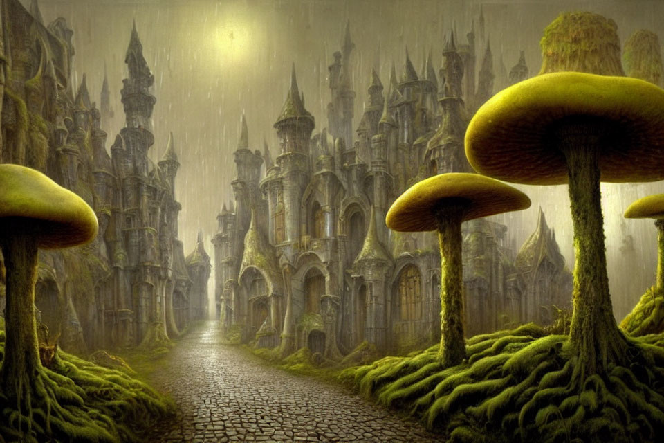 Mystical foggy landscape with gothic castles and giant mushrooms