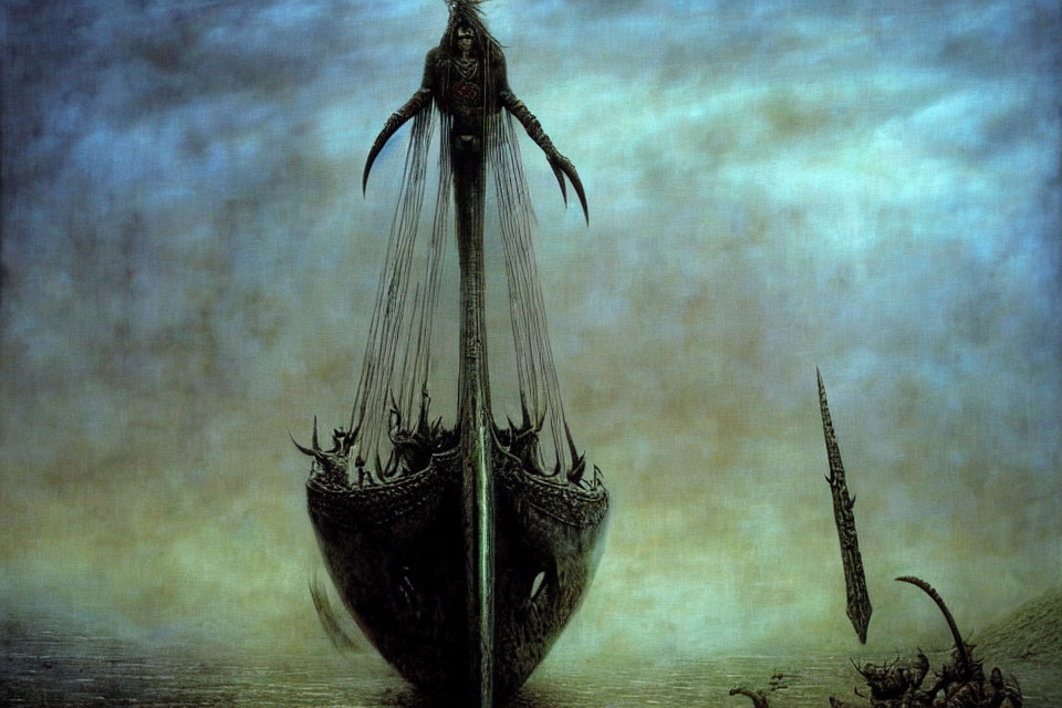 Sinister ship sailing under stormy sky with cloaked figure holding spear