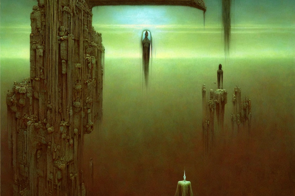 Fantasy landscape with towering pillars, cloaked figure, and misty abyss