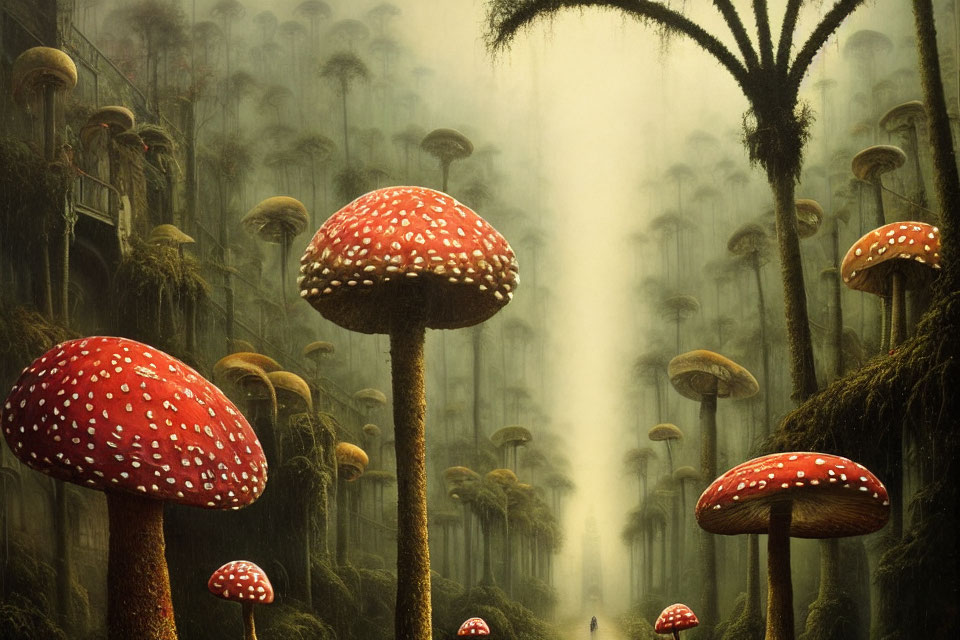 Mystical forest with towering mushroom trees and red-capped mushrooms