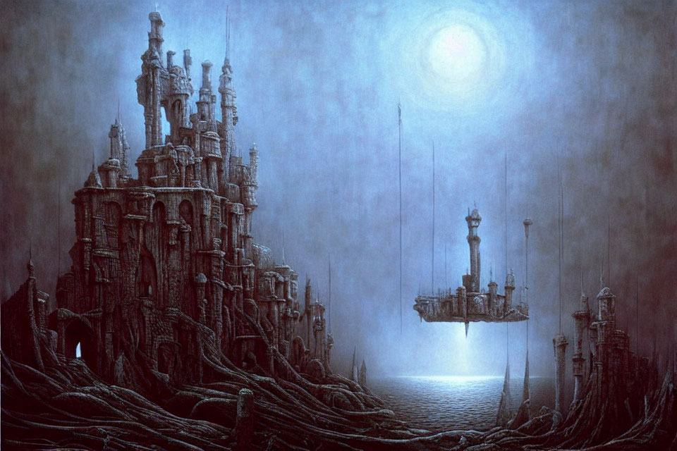 Fantasy Nocturnal Seascape with Gothic Castle and Floating Towers