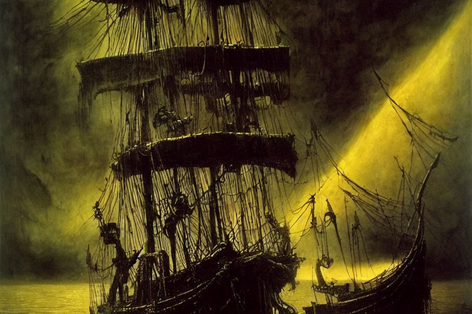 Dark and mysterious old sailing ship in single beam of light