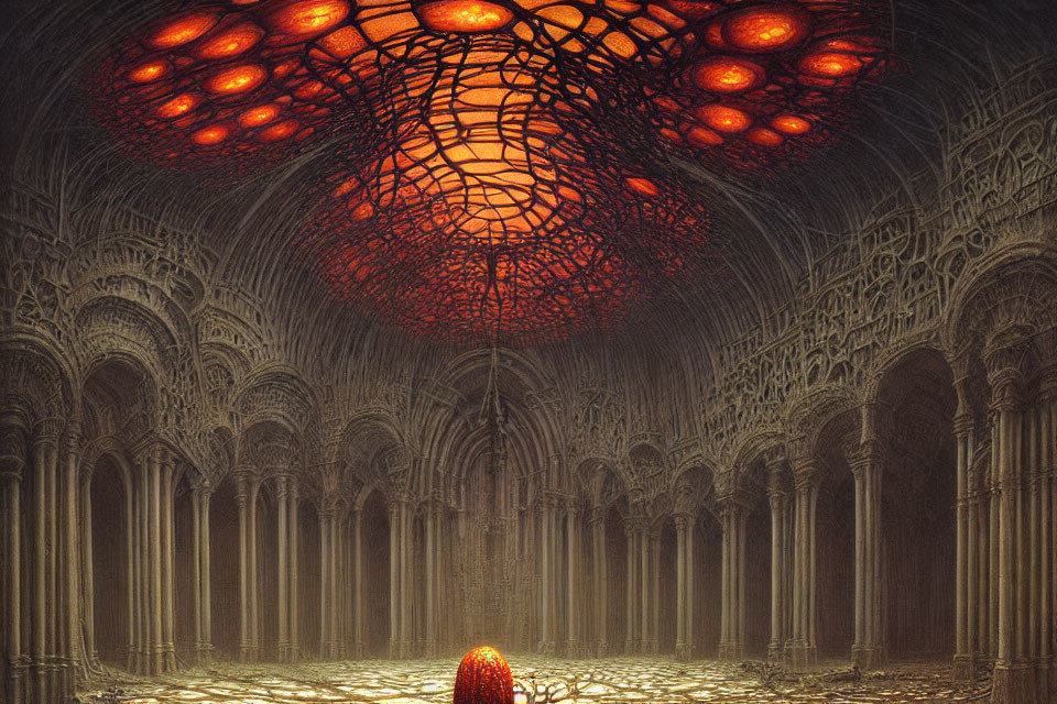 Intricate Gothic hall with red lattice dome and glowing orb