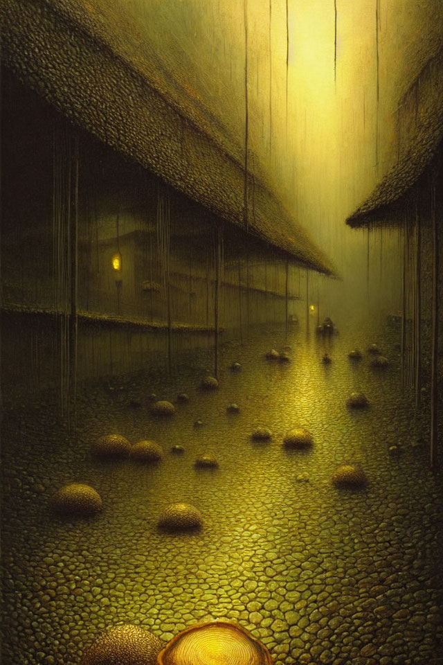 Surreal Stone Alleyway with Giant Mushrooms and Rain