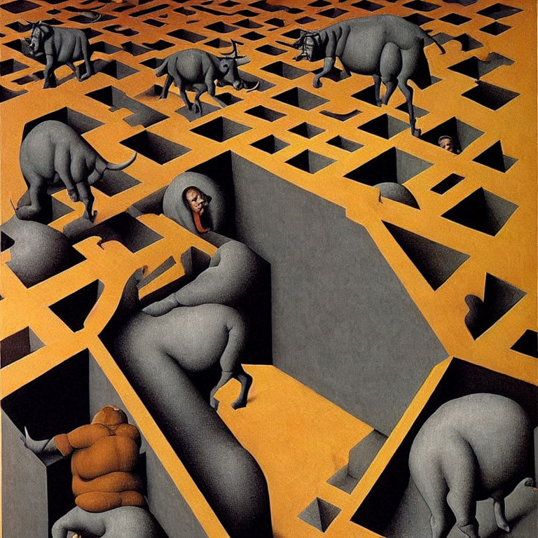 Surreal optical illusion with rhinoceroses and human figures on checkered landscape