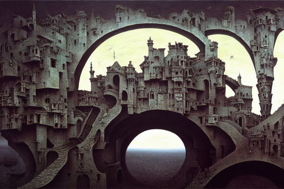 Surreal architecture: interconnected towers and arches by calm sea