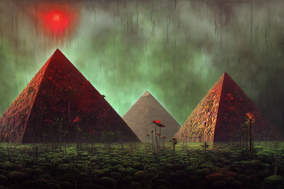 Surreal landscape with three pyramids under red sun