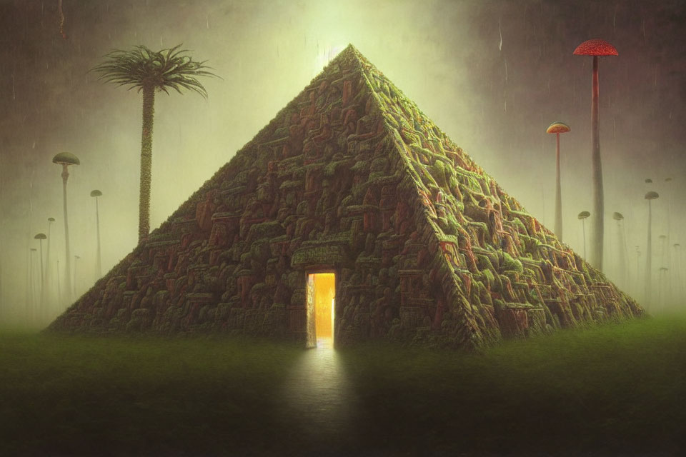 Mysterious Pyramid Surrounded by Lush Vegetation and Fog