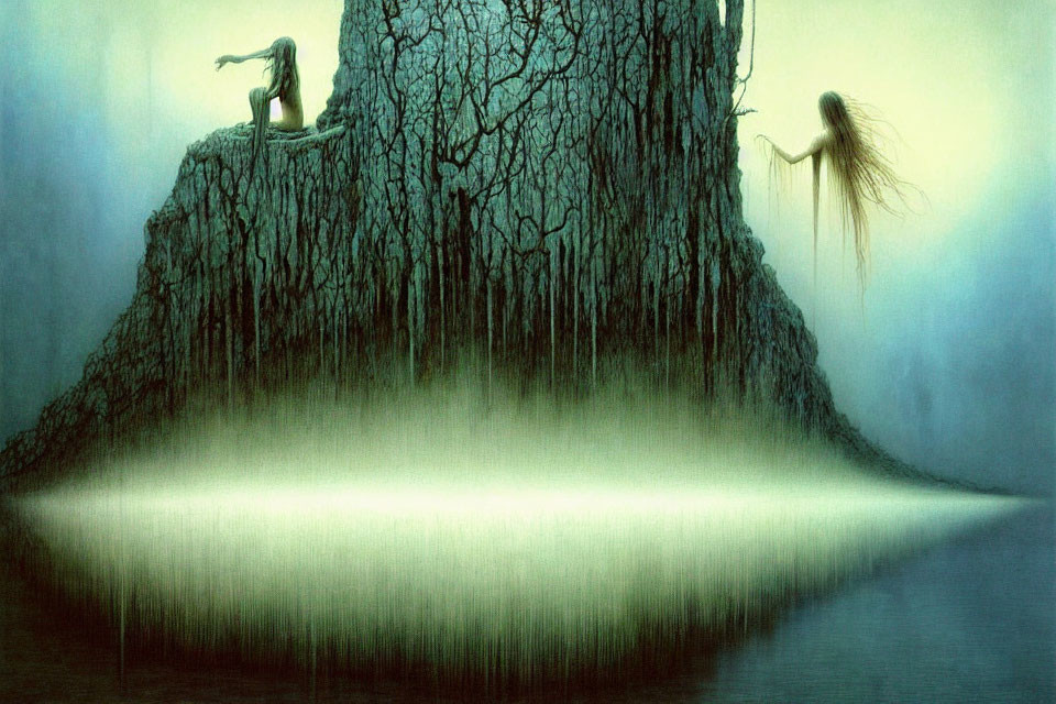 Ethereal figures with flowing hair on dark, gnarled tree in mystical landscape
