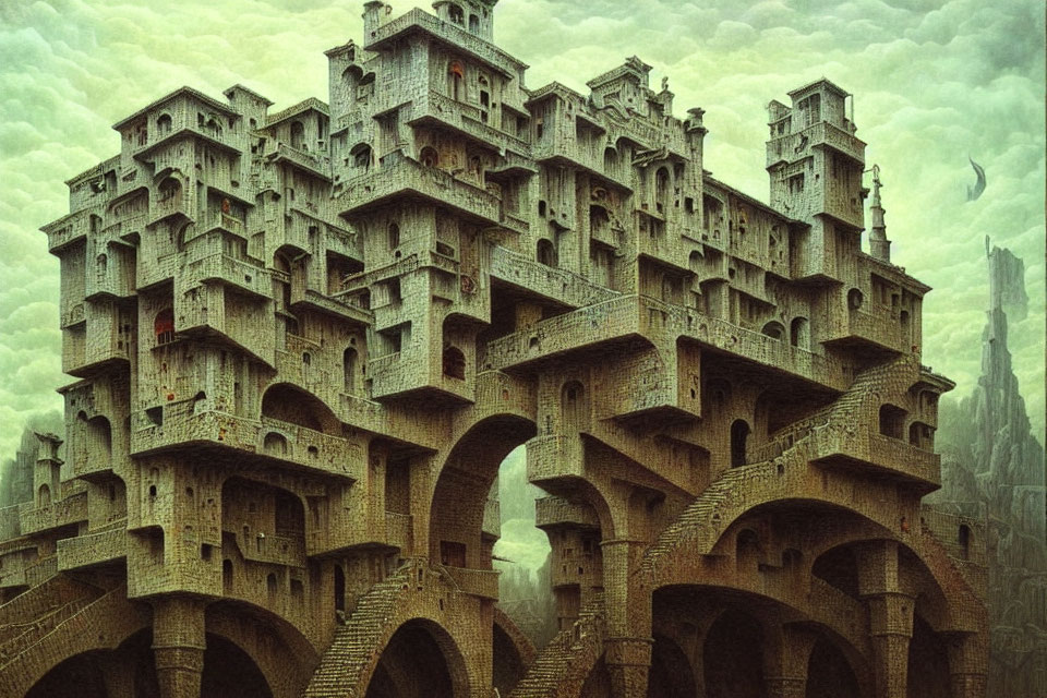 Intricate architectural structure with interlocking towers and arches in misty setting