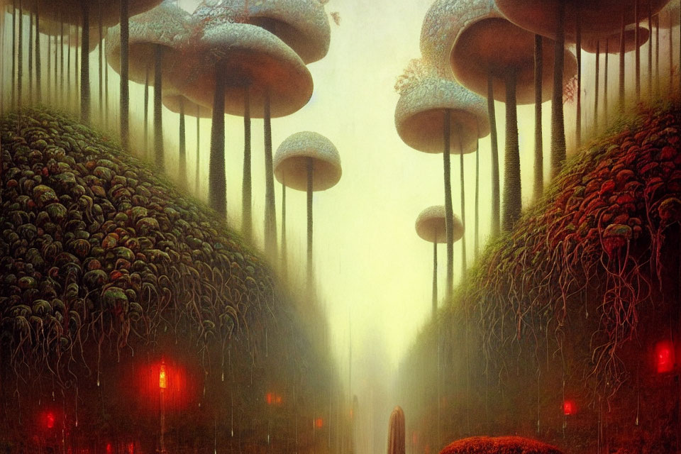 Surreal Landscape with Towering Colorful Mushrooms