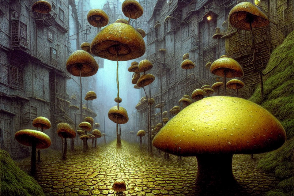 Surreal Urban Landscape with Golden Mushrooms and Fog