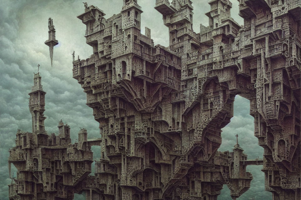 Intricate fantasy fortress with wooden houses and towers in surreal setting