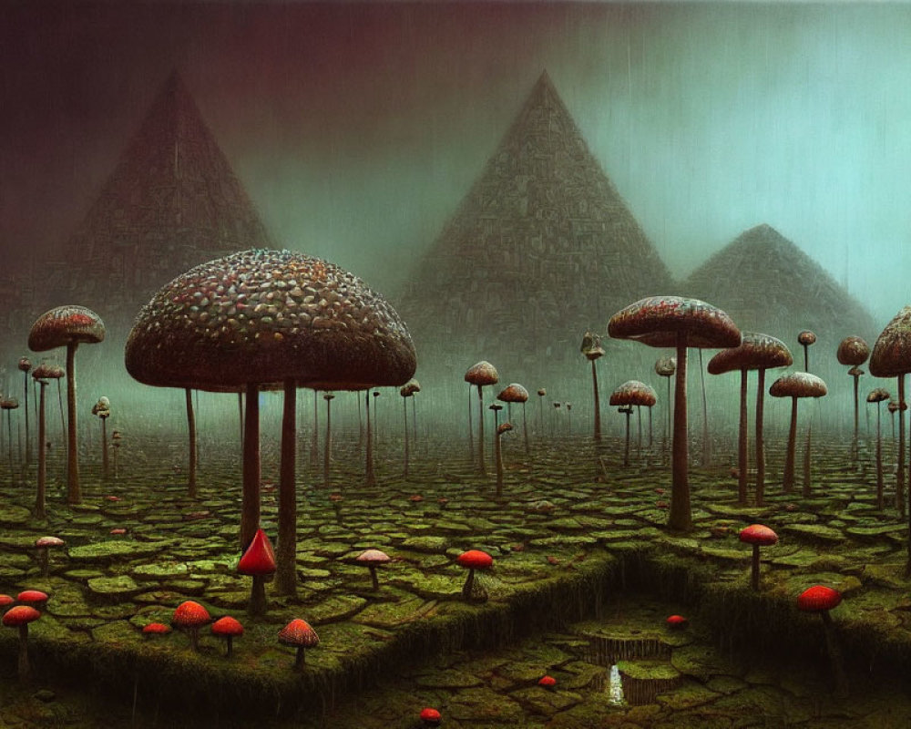 Surreal Landscape with Giant Mushrooms and Pyramids