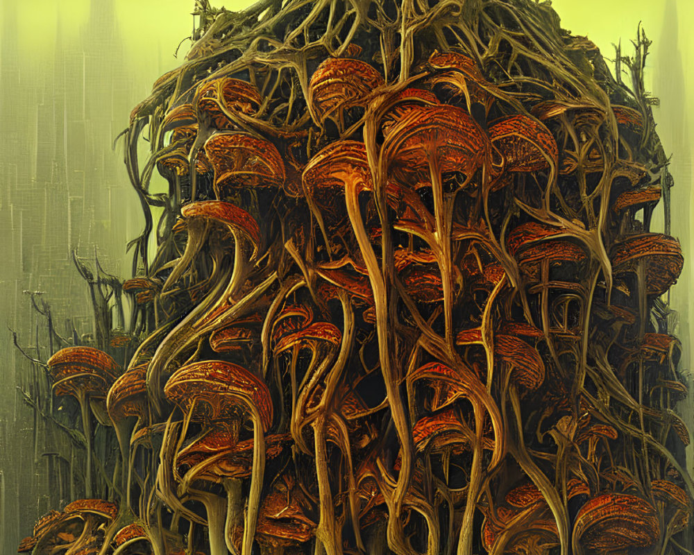 Intricate tree-like structure with orange-red fungus in hazy backdrop