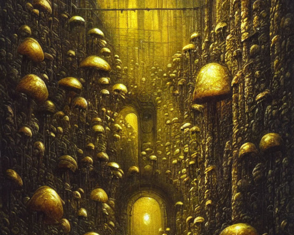 Surreal painting of illuminated corridor with luminescent mushrooms