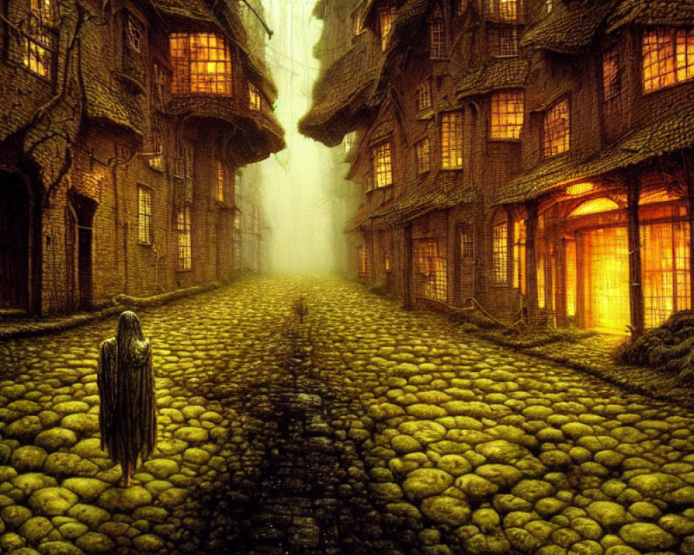 Mysterious cloaked figure on cobblestone street with old houses and mystical fog