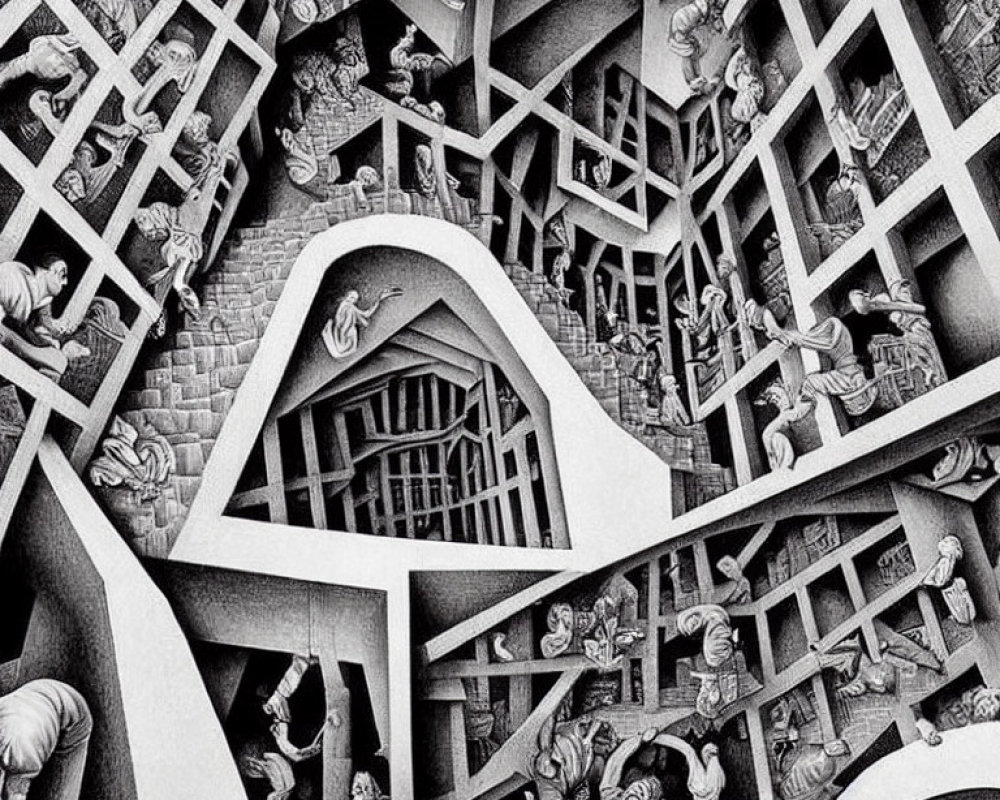 Monochrome maze of interconnected staircases with people.