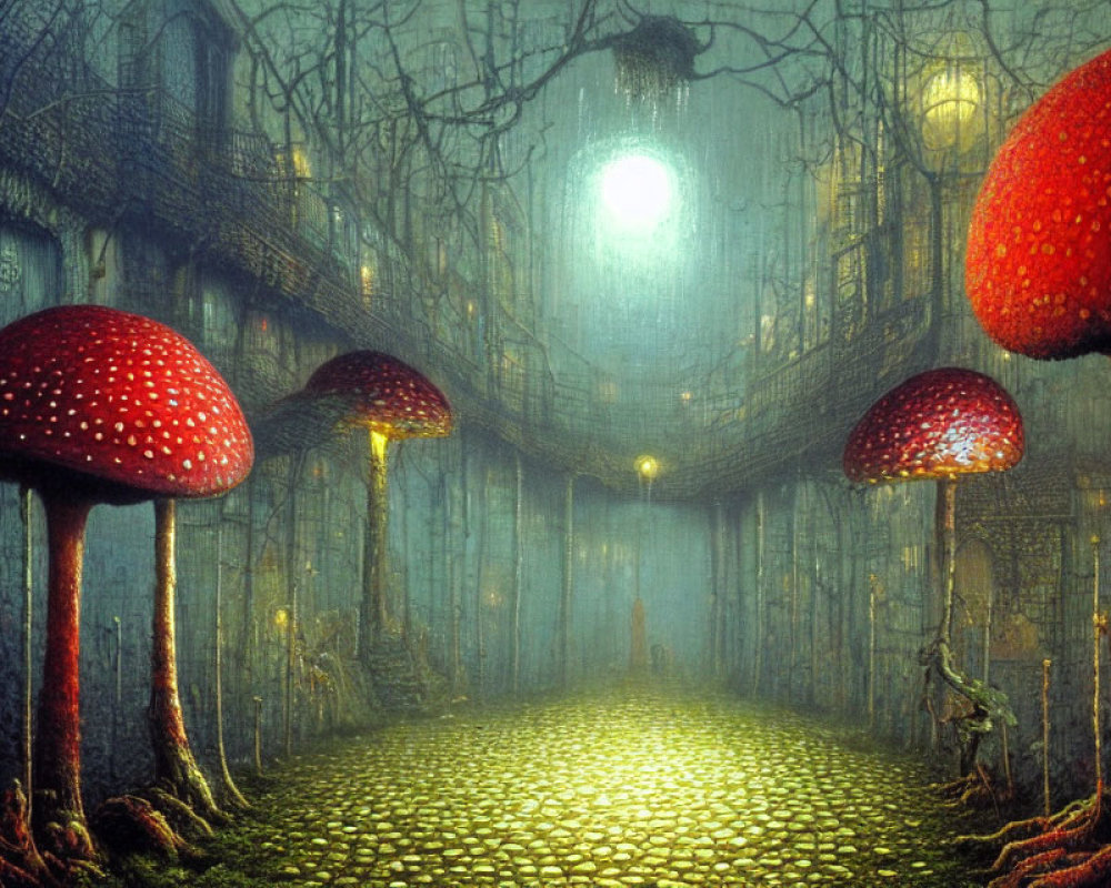 Mystical Alleyway with Red Mushrooms and Foggy Atmosphere