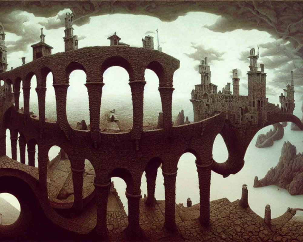 Elaborate circular structure with arches and towers in surreal landscape