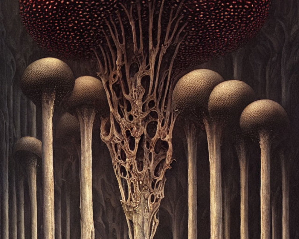 Surreal Scene of Oversized Red Mushroom and Fungi