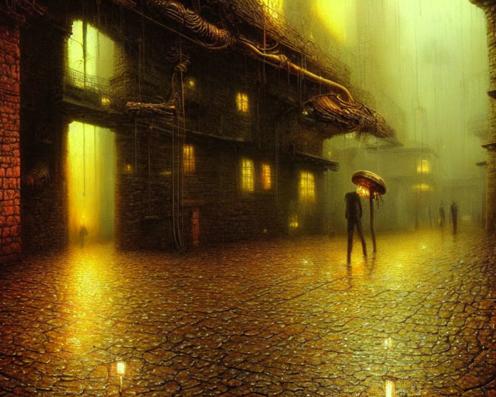 Lonely figure with umbrella in misty urban street scene