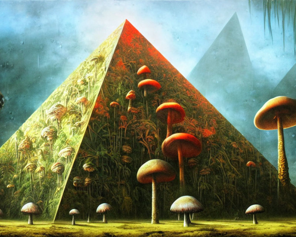 Fantastical landscape with overgrown pyramid and giant mushrooms under surreal sky