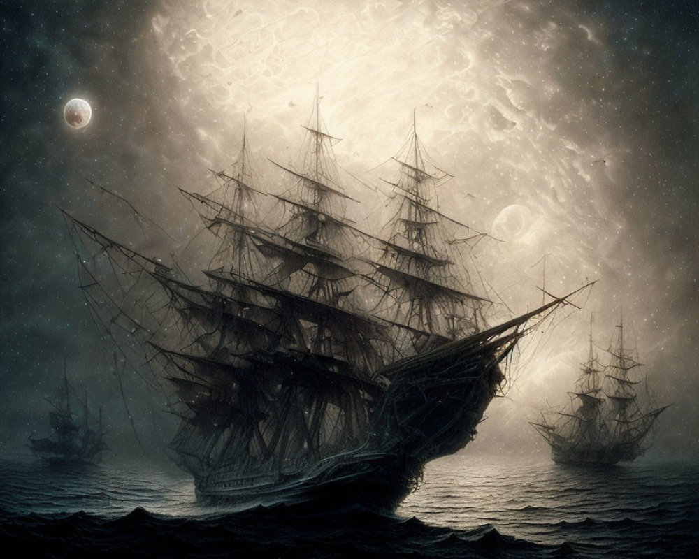 Ghostly sailing ships on tumultuous sea under moonlit sky