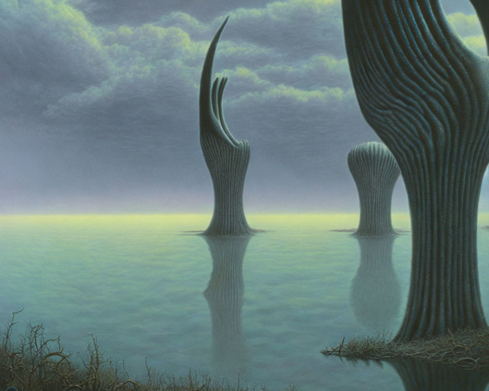 Surreal landscape featuring tree-like structures with hand-shaped tops over reflective water and twilight sky.