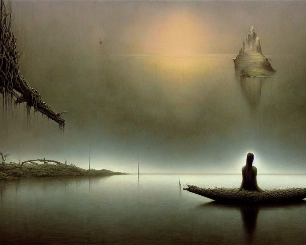 Artwork of solitary figure on boat near mystical floating island