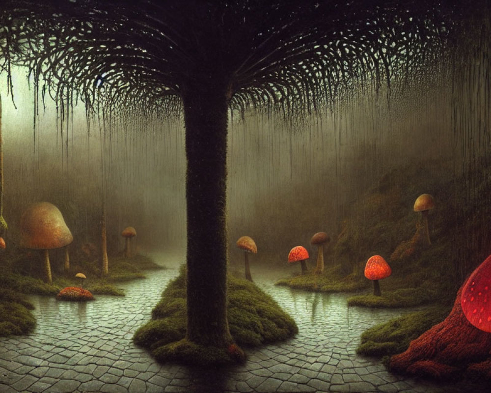 Surreal Landscape with Dark Trees and Red Mushrooms