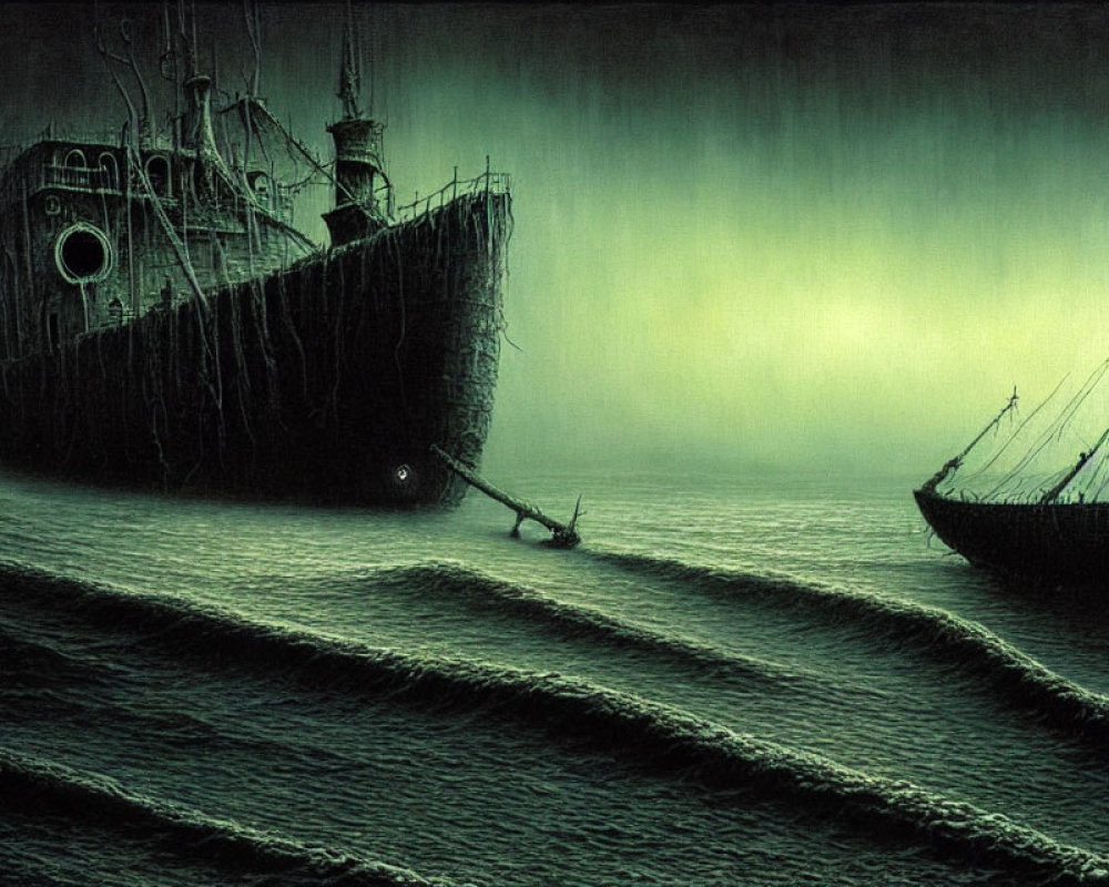 Dark sea with two ships and rowboat under eerie sky