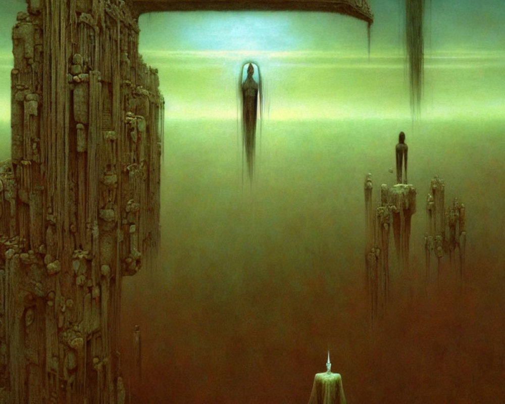 Fantasy landscape with towering pillars, cloaked figure, and misty abyss