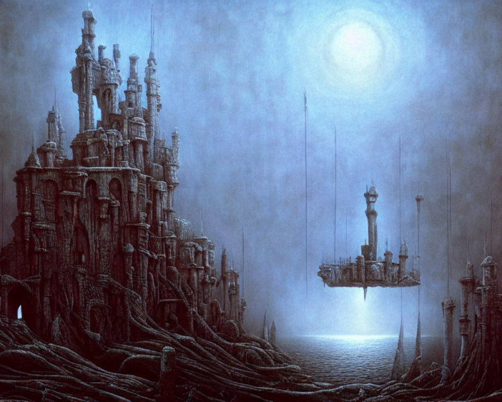 Fantasy Nocturnal Seascape with Gothic Castle and Floating Towers