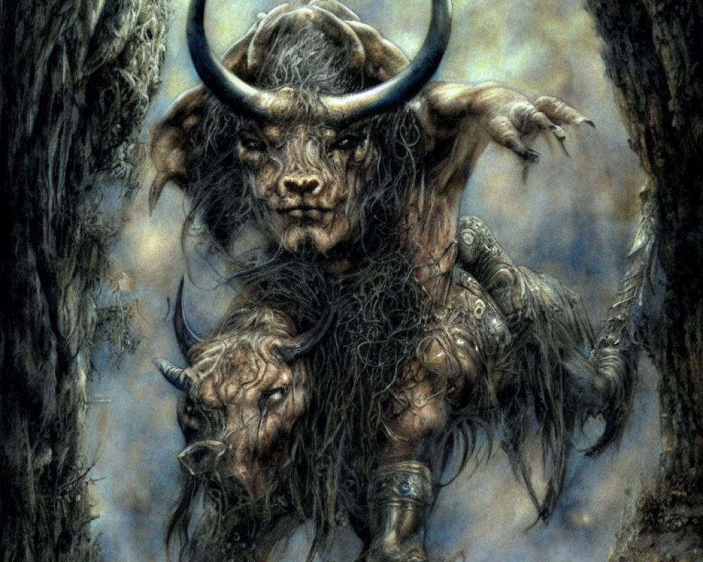 Mythical bull-headed creature in bone and fur emerges from forest