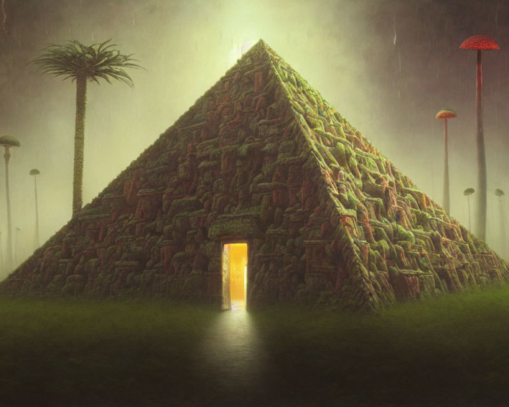 Mysterious Pyramid Surrounded by Lush Vegetation and Fog