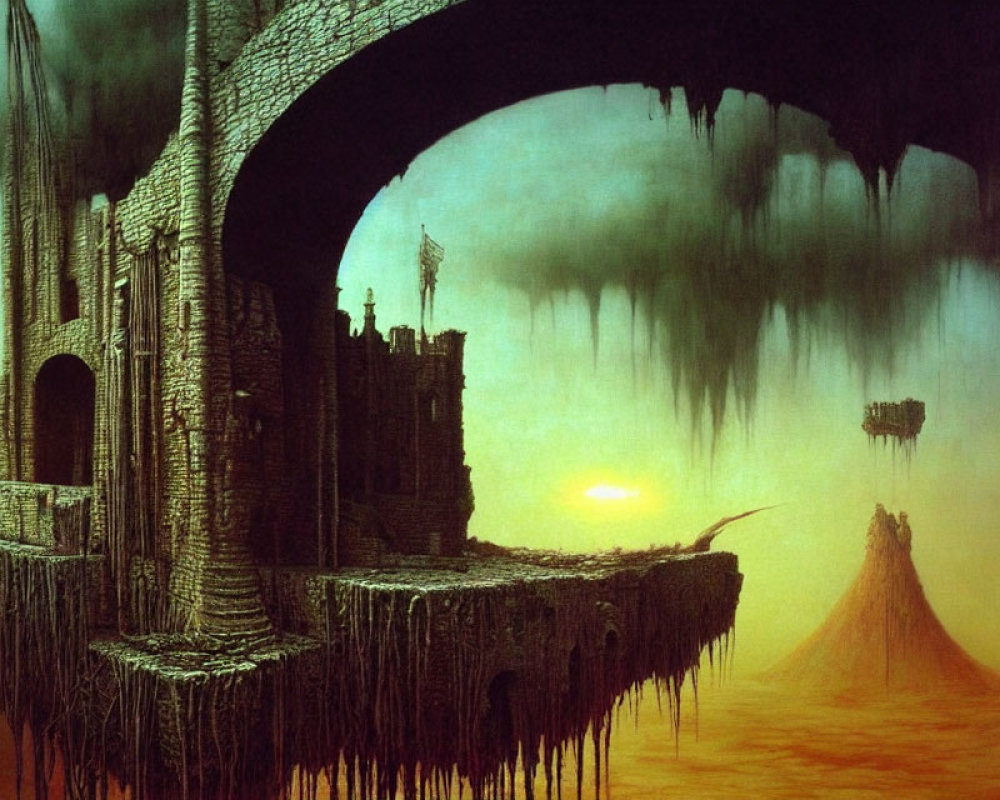 Surreal dark fantasy landscape with ruined gothic architecture and floating islands