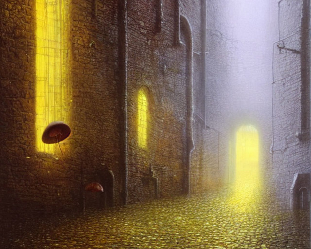 Cobblestone Alley Illuminated by Yellow Light at Night